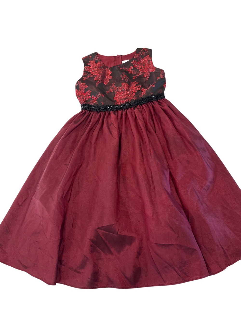 Girls Burgundy Floral Lace Party Dress with Beaded Waistband